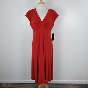 Jones New York Size 14 Red V-Neck Stretch Short Sleeve Midi Dress NEW Women's